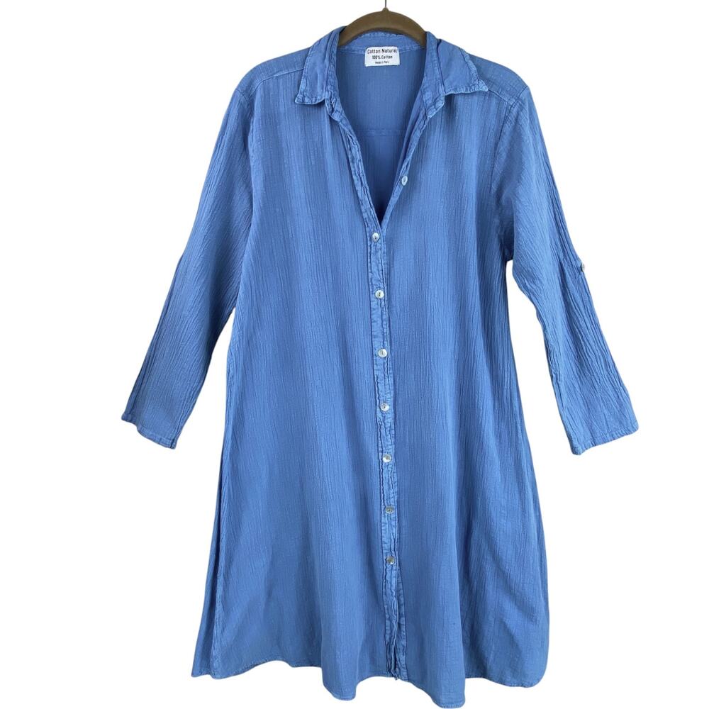 Blue Peruvian 100% Cotton Dress Duster Size M Button Front Beach Resort Cruise